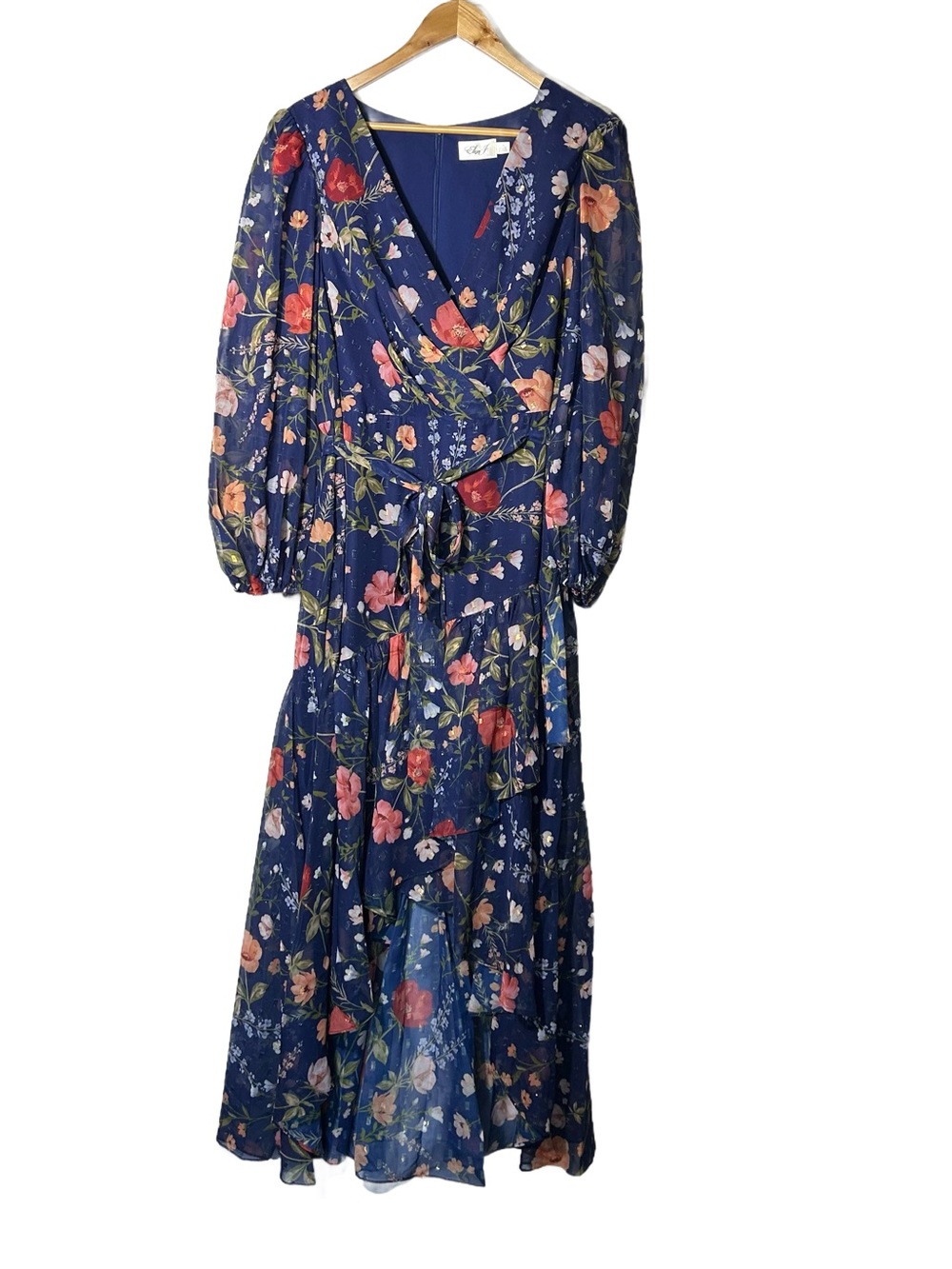 Eliza J Dress 16 Hi Lo Hem Navy Floral Wrap Maxi with Tie Waist